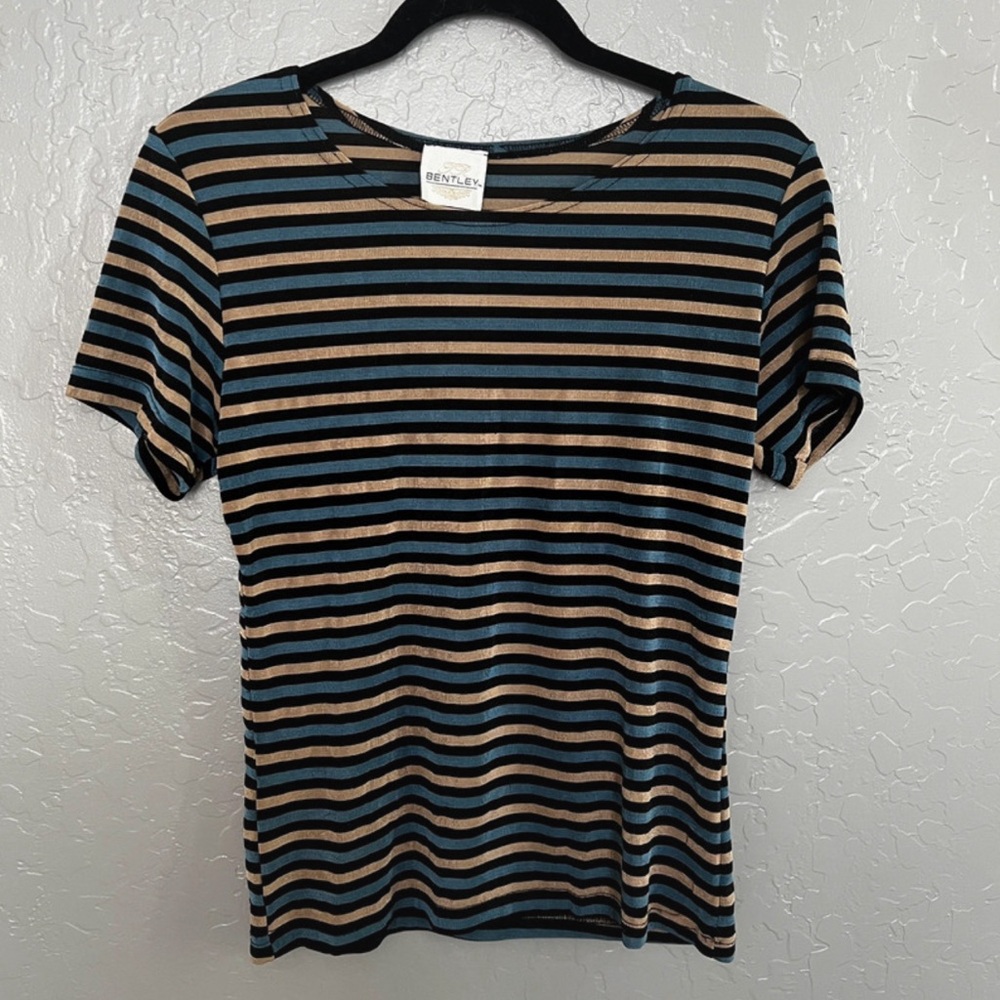 Women's Striped Short Sleeve Tee - Black, Tan & Blue